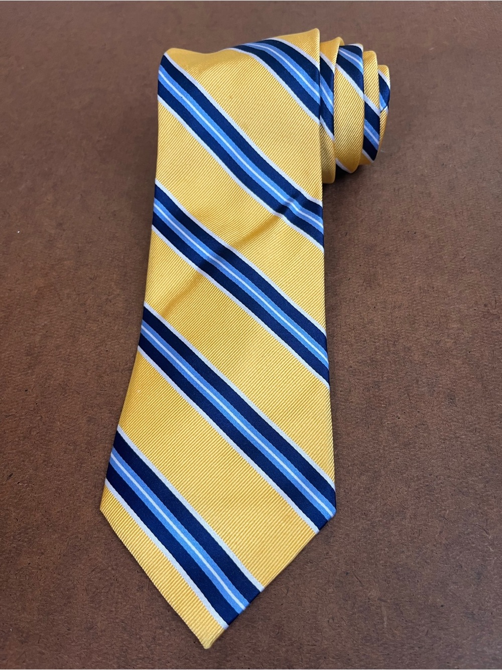 Chaps Yellow Tie with Navy, White and Light Blue Diagonal Stripes